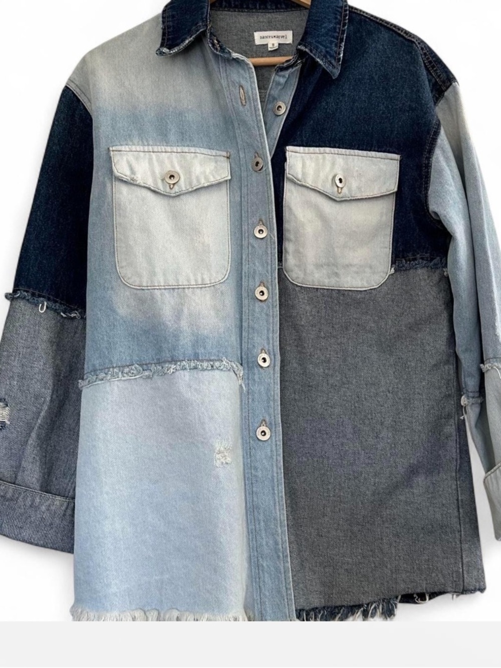 Dance & Marvel Denim Jacket Patchwork Distressed Boho Y2K Western Long S
